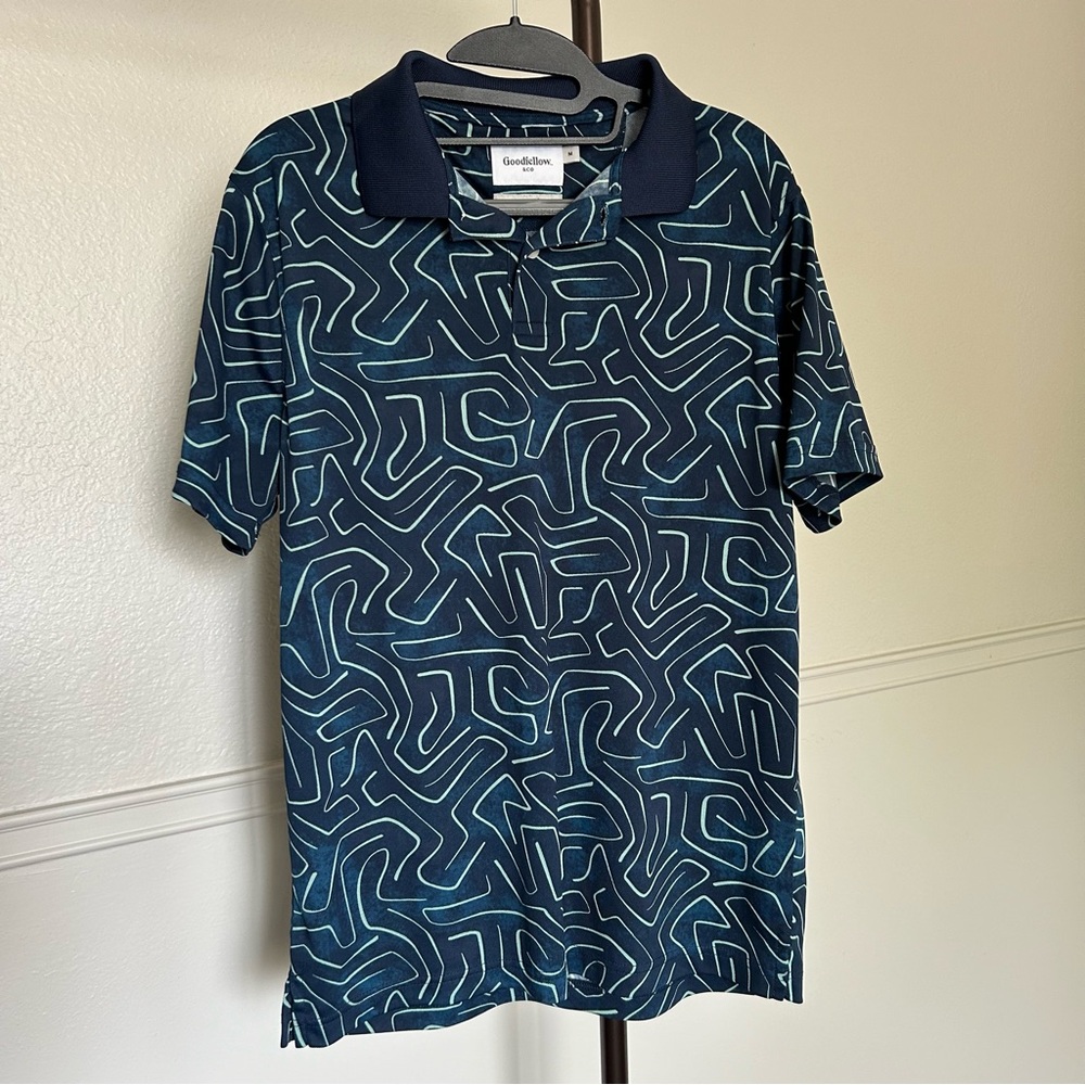 Goodfellow & Co Lightweight Athletic Blue Green Print Polo Shirt Men’s Medium